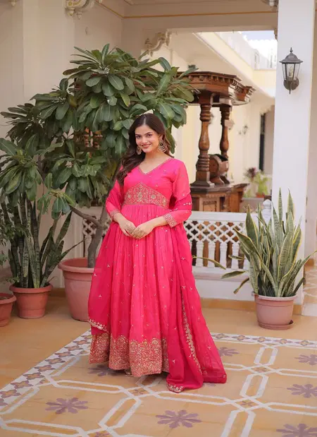 KA 1235 Russian Silk With Embroidery Zari Sequins Work Gown With Dupatta Wholesale In India
